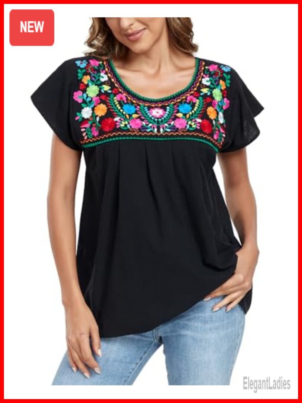 Embroidered Mexican Peasant Blouse Cotton Short Sleeve Summer Top
